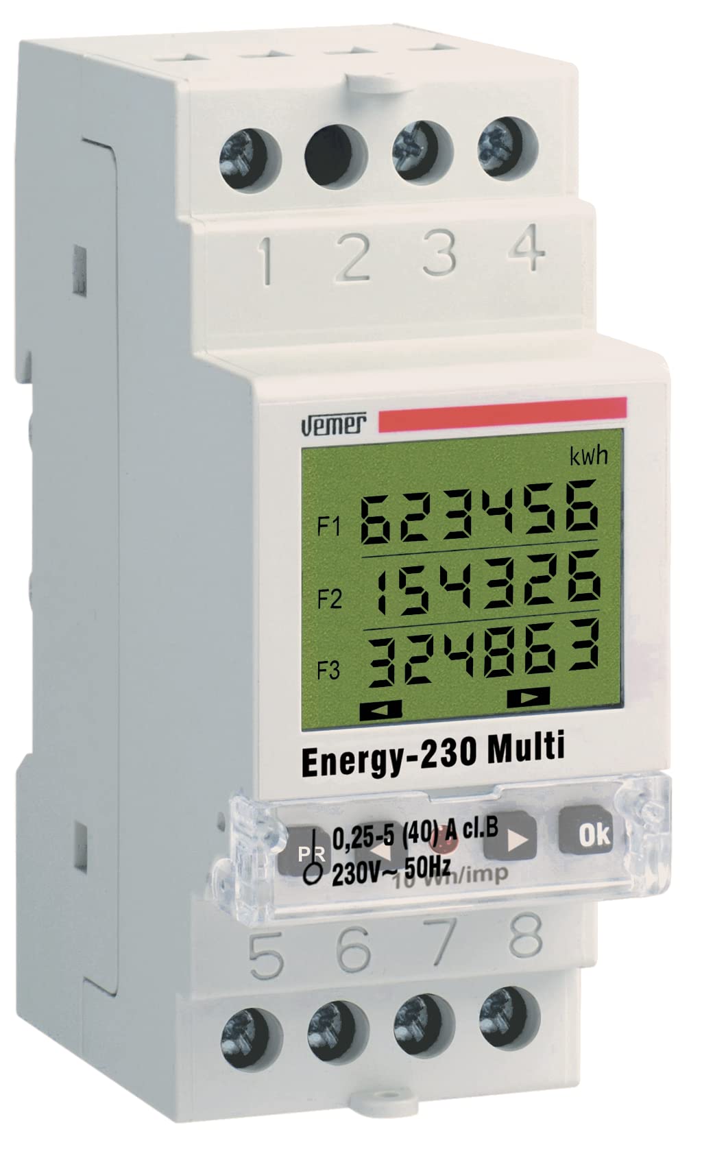 VEMER VE429700 Model ENERGY-230 Multi Single-Phase Energy Meter for Active Energy max. 40A. DIN Rail mounting