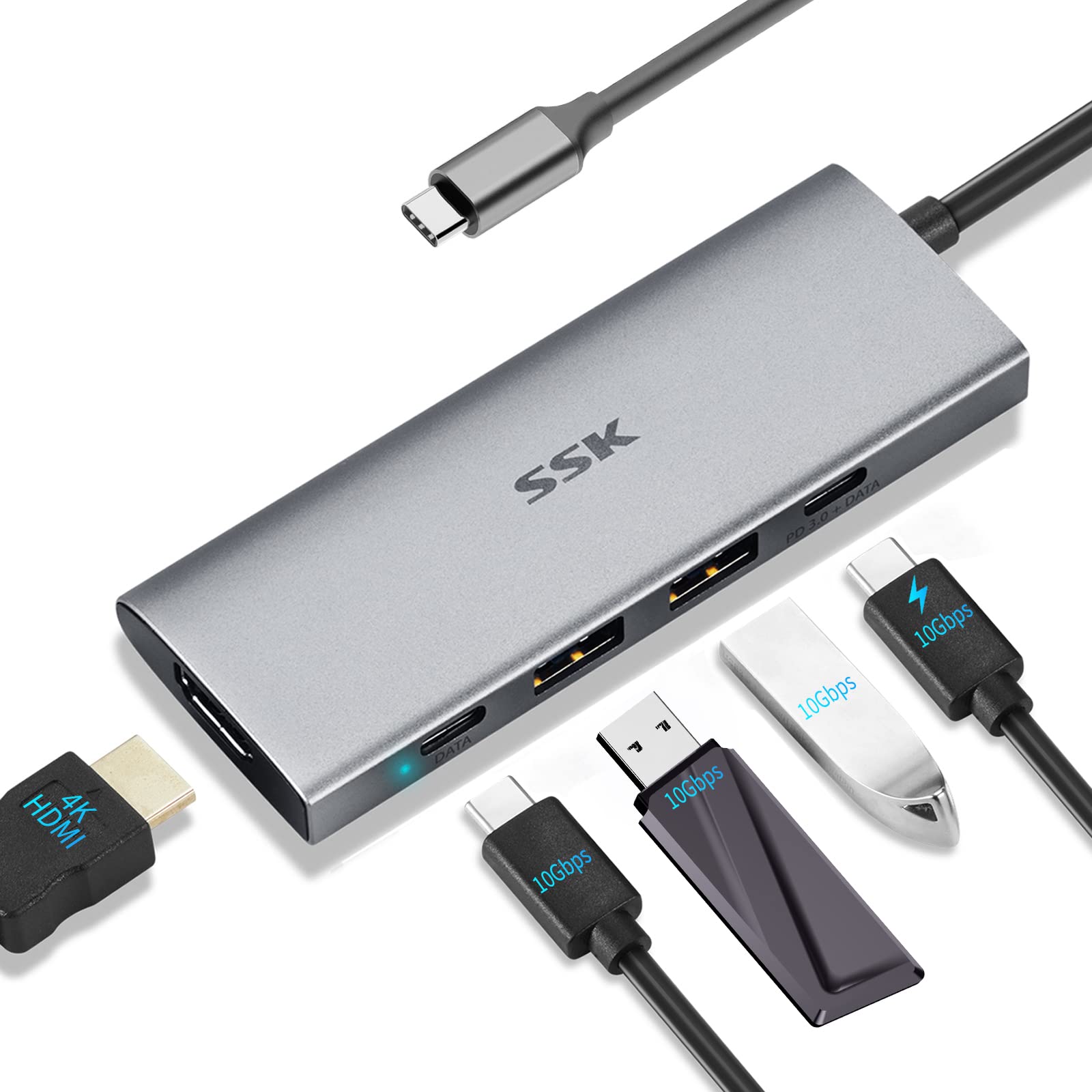 SSK 10Gbps USB C 3.2 Gen2 Hub, 5-in-1 SuperSpeed Type Multiport Adapter with 4K HDMI, 2 C(1 PD3.0 Powered), A 3.1/3.2 Dock for iMac/MacBook/Pro/Air/Surface Pro and More, SC108