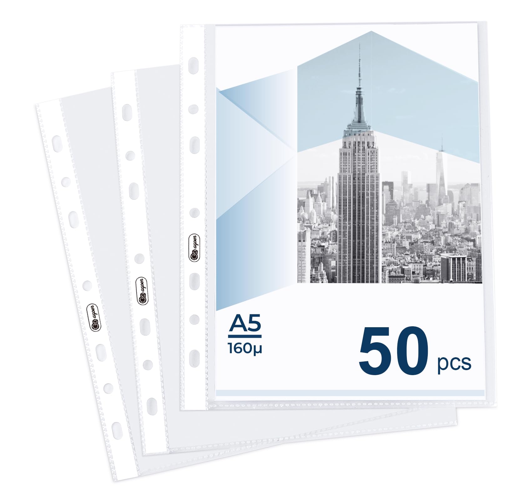 Agoer A5 Punched Pockets, 50 Pcs Plastic Sleeves, 160 Micron Heavy Duty Polly Pocket, Top Opening Clear Polypockets, DIN A5 Document Wallet,Plastic Wallet, Files Protector for Office, School