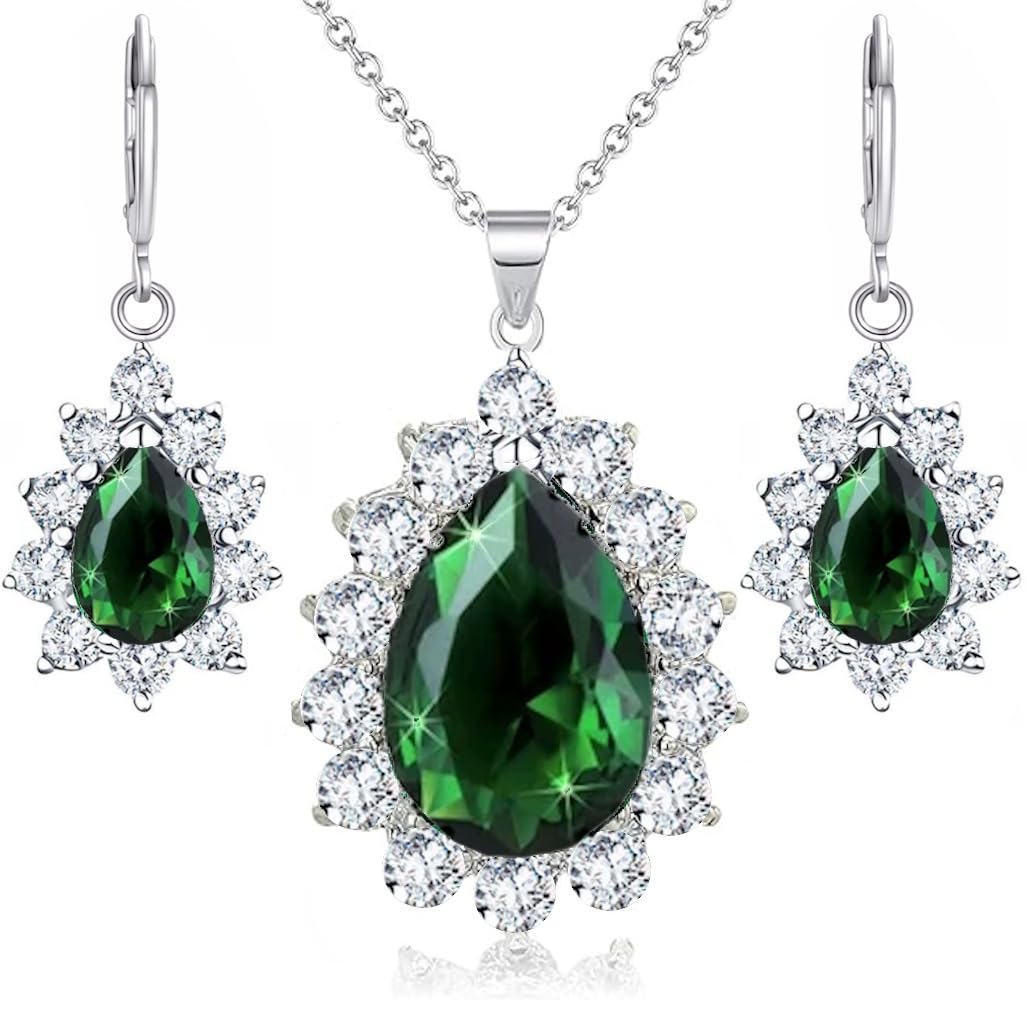 Crystalline Azuria Women 18ct White Gold Plated Teardrops Green Simulated Emerald Zirconia Crystals Set Pendant Necklace 17.7 inches Earrings