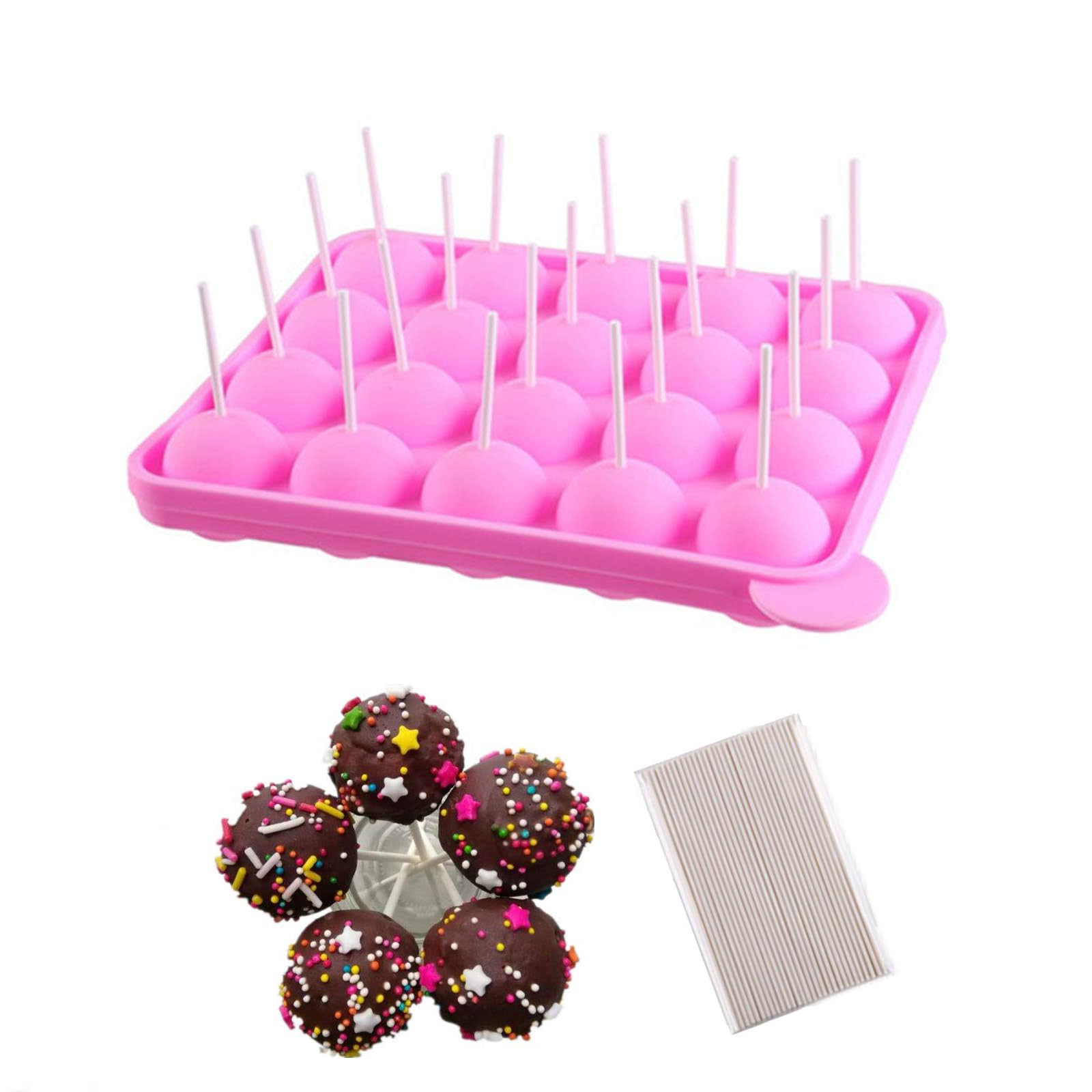 Cake Pop Mould,20 Cavities Silicone Lollipop Cake Pop Maker with 100 PCS Lollipop Sticks Candy Baking Tray Mold for Making Chocolate Lollipop Candy Ice Cube Party Cupcake Baking Tools