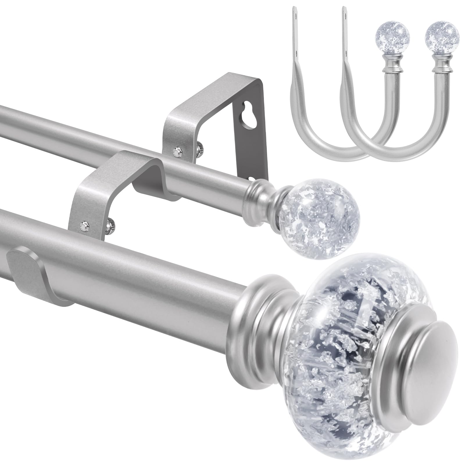 Photo 1 of 1 Inch Modern Silver Double Curtain Rod for Windows - Tension curtain rods 48 to 84 Inchs with Crystal Finial and Holdbacks-BHSRODS Home Double Window Rods for Living Room & Bedroom