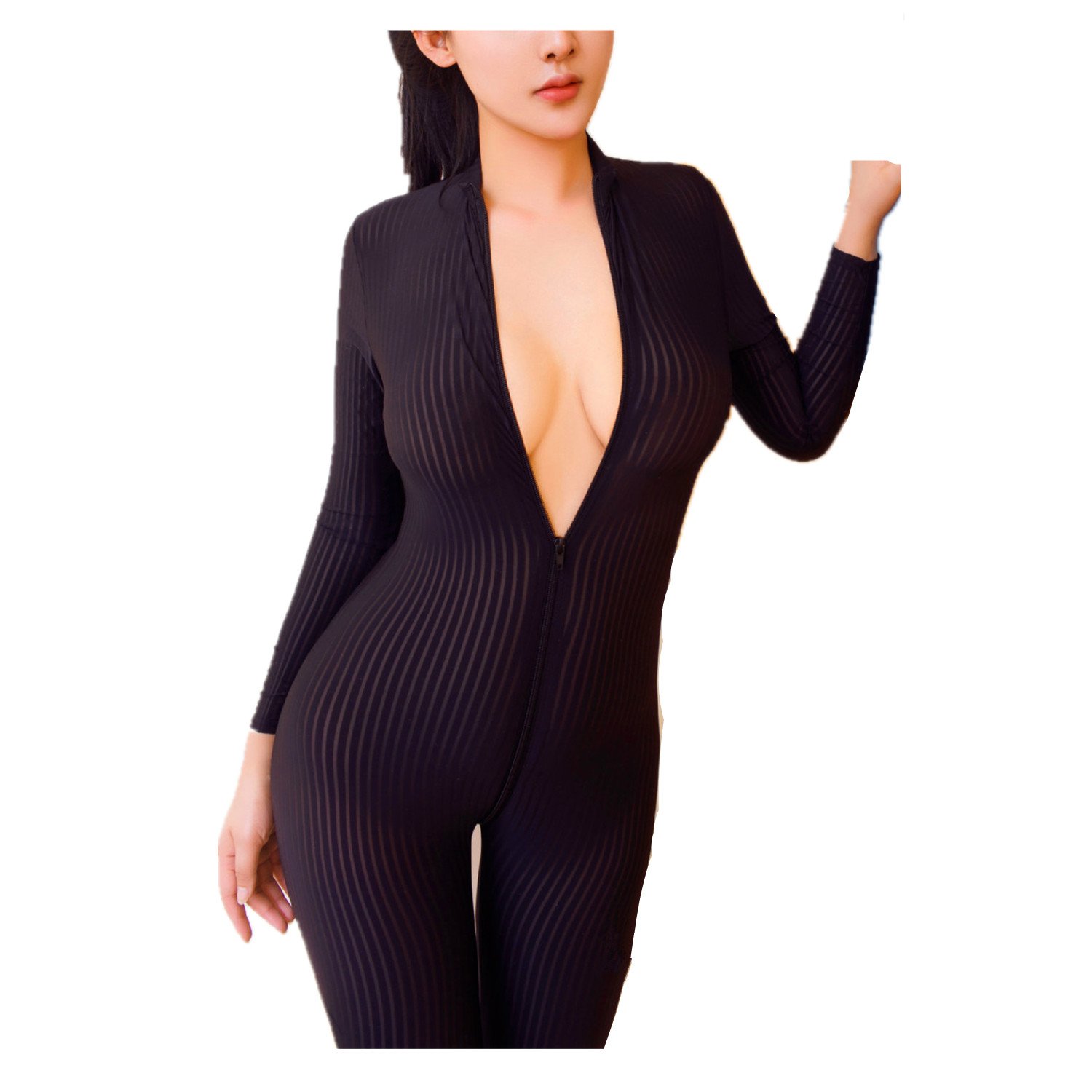 HNJZX Womens Stripes One Piece Unitard Full Body Suit Skin Tights and One Piece Dancewear Unitard Bodysuit Sexy Front Zip Spandex Bodysuit Night Club Costume (Black)