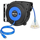 DEWENWILS Retractable Extension Cord Reel, 50 FT Heavy Duty Power Cord, 14AWG/3C SJTOW, 3 Grounded Outlets Lighted Triple Tap
