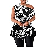 SOLY HUX Women's Plus Size Blouse Printed Off The Shoulder Short Sleeve Asymmetric Neck Belted Waist Fitted Summer Tops