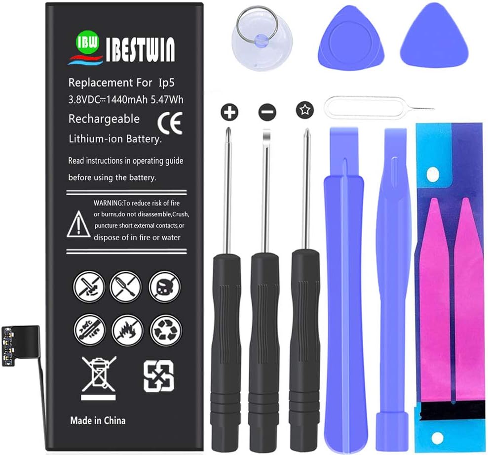 IBESTWIN Battery for iPhone 5, 3.8V 1440mAh Replacement Battery with Removal Tool Set, Battery Adhesive Strip and Instruction, 3 Year Warranty(Only for iPhone 5)