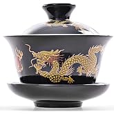 YBK Tech Ceramic Kung Fu Teacup, Chinese Gaiwan-Dragon (Black)