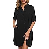 LUSMAY Women's Long Sleeve V Neck Button Down Shirt Dresses Casual Summer Dress with Pocket