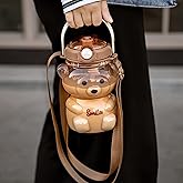 TourKing Teddy Bear Water Bottles with Adjustable Straw,3D Stickers and Strap,Portable Leakproof BPA-Free Water Bottle For Girls for School Sports Camping Hiking Travel（1000ml/34oz） (brown, 1000ml)
