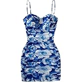 SOLY HUX Women's Summer Floral Corset Dress Spaghetti Strap Ruched Mesh Bodycon Vacation Mini Dresses