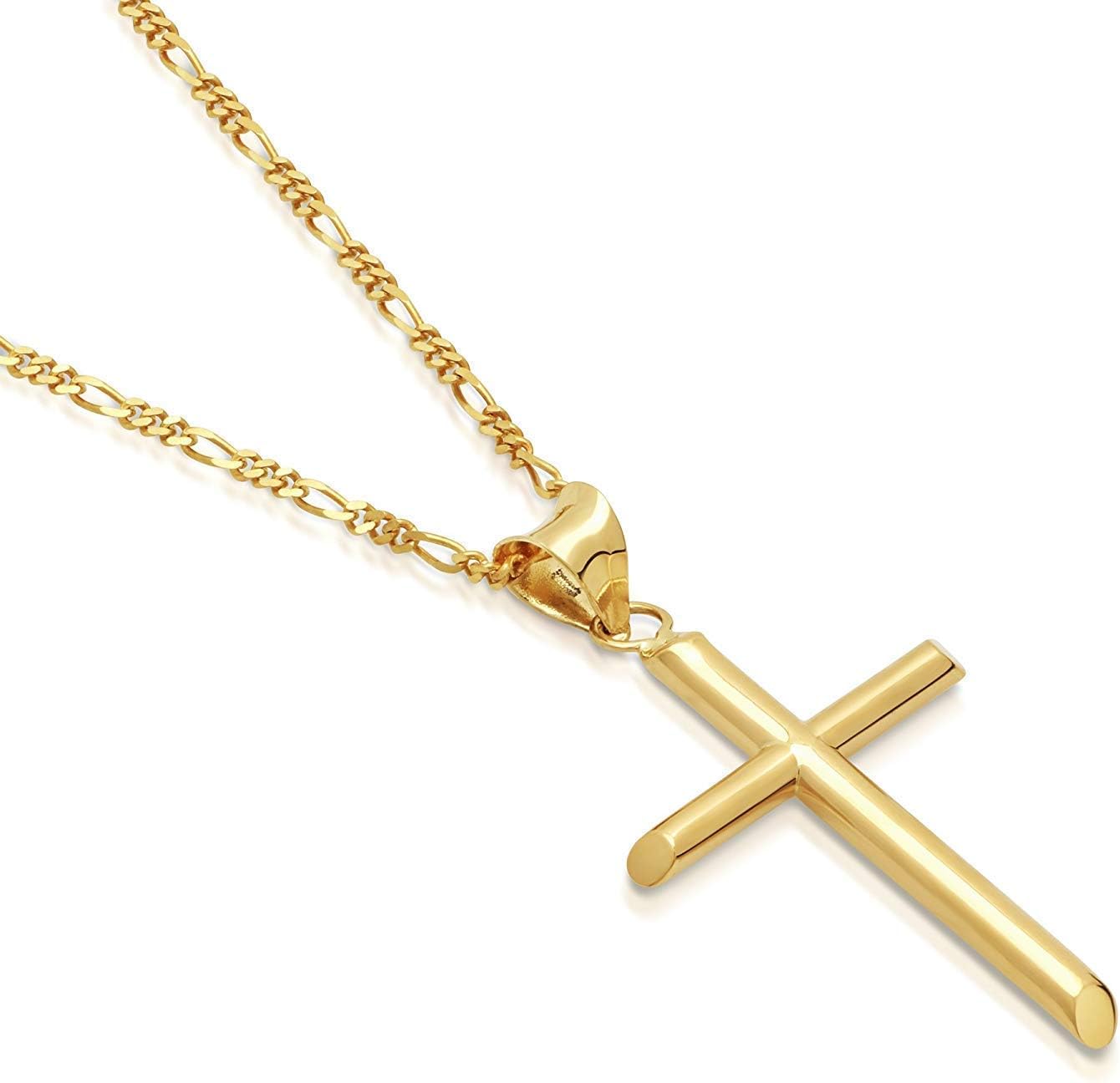 14K Gold Chain Figaro Cross Pendant Necklace for Men, Women w/real strong Solid Clasp Miami Cuban Link style