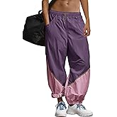Fisoew Womens Baggy Wide Leg Pants Casual Elastic Waist Color Block Loose Workout Track Pants with Pockets