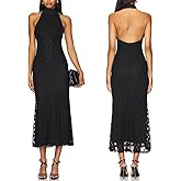 JLCNCUE Women's Elegant Halter Neck Floral Lace Mermaid Maxi Dress Sleeveless Open Back Cocktail Wedding Guest Dress 399