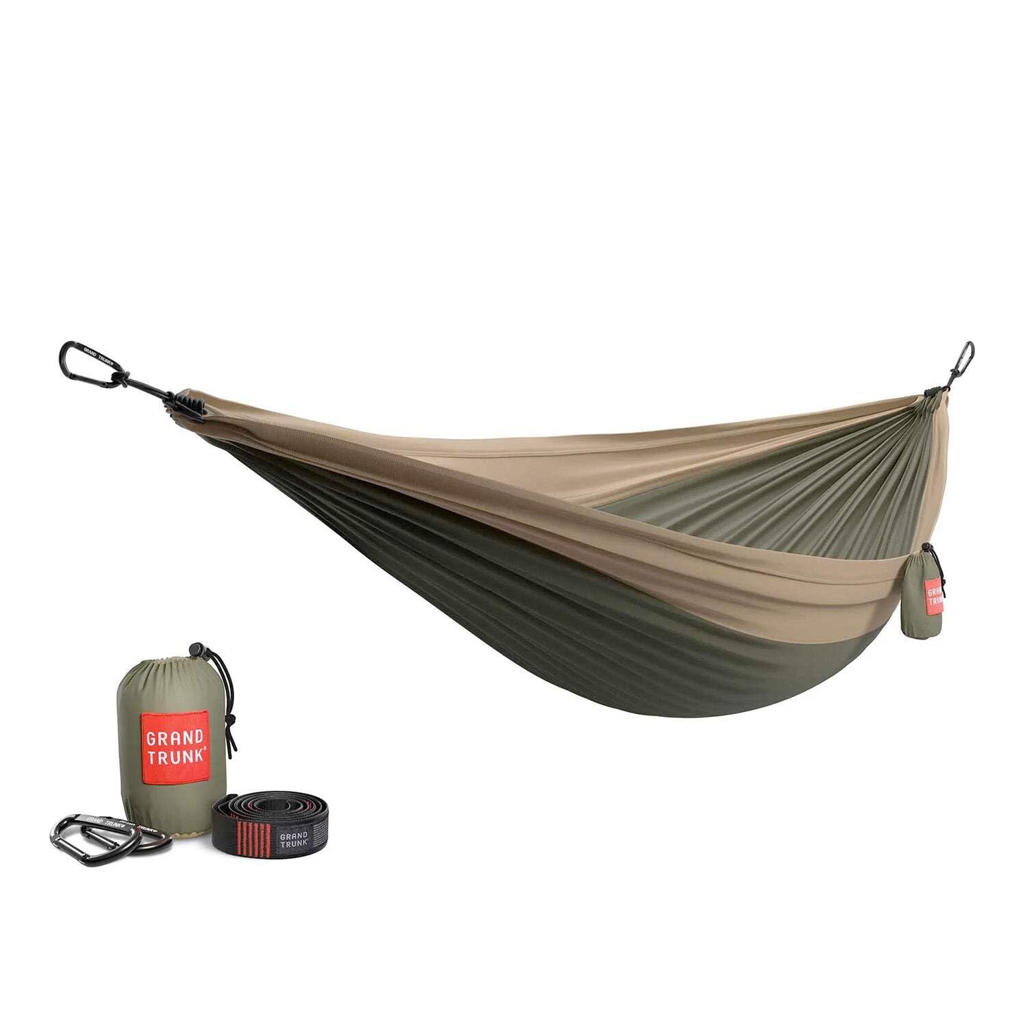 GRAND TRUNK Double Deluxe Hammock with Hanging Straps and Carabiners - Made from Parachute Nylon Fabric and Holds Two Peoople or 400lbs (Olive Green/Khaki)
