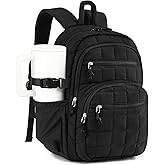 CLOKARS Quilted Laptop Backpack for Women, College Bookbag with Tumbler Holder Pocket for Nurse Teacher Work Travel, Puffer School Backpack for Teen Girls Big Student, Black