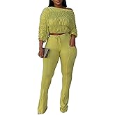 Ecirod Womens Sexy Casual Set 2 Piece Outfits Elasticity Ruched Crop Top and Slim Fit Flare Pants Sweatsuits Set