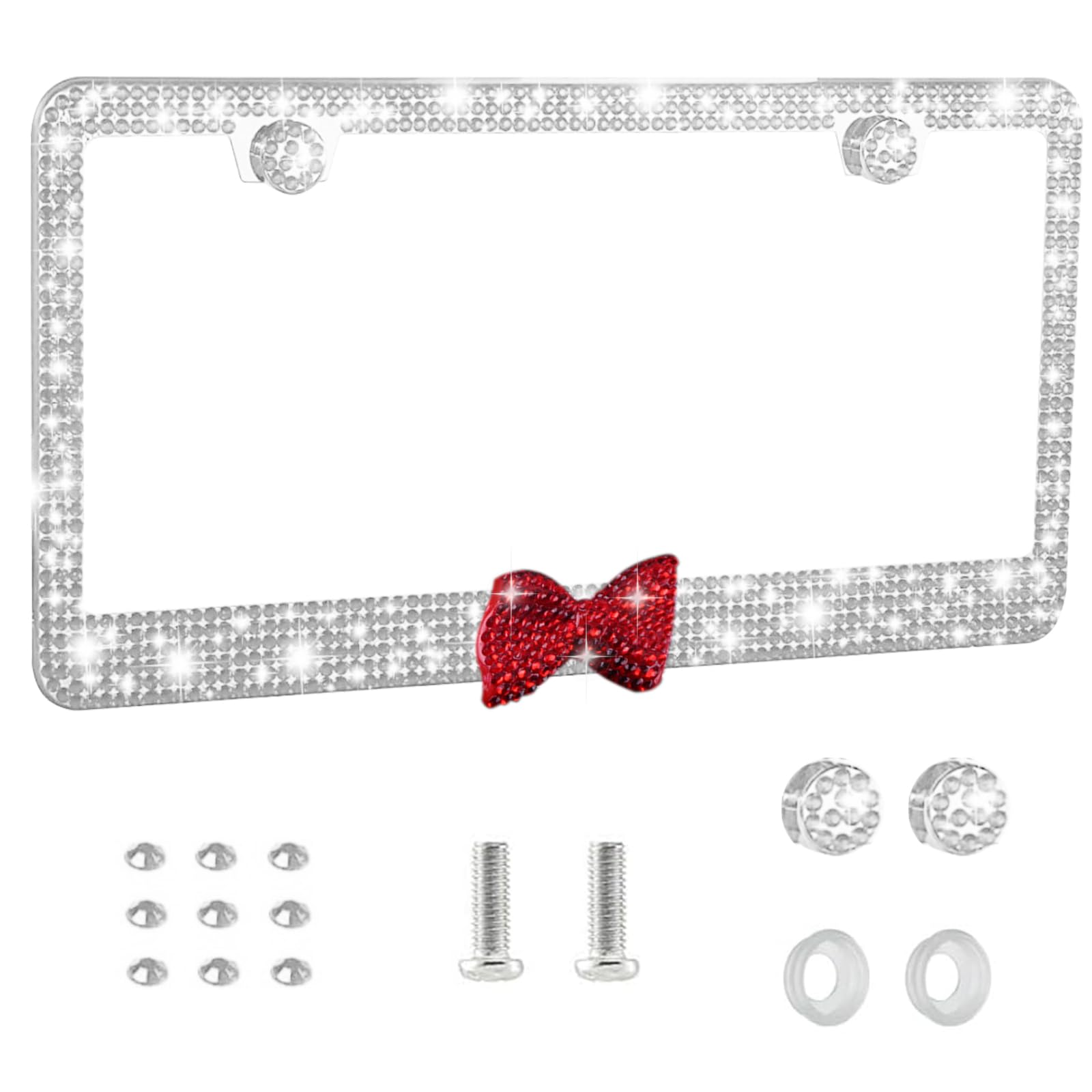Photo 1 of Bling License Plate Frame for Women, 1 Pack Sparkly Diamond Car Tag Covers with Rhinestone Crystals & Glitter Screw Caps, Stainless Steel Girly Auto Accessories, for Her (White+Red Bow)