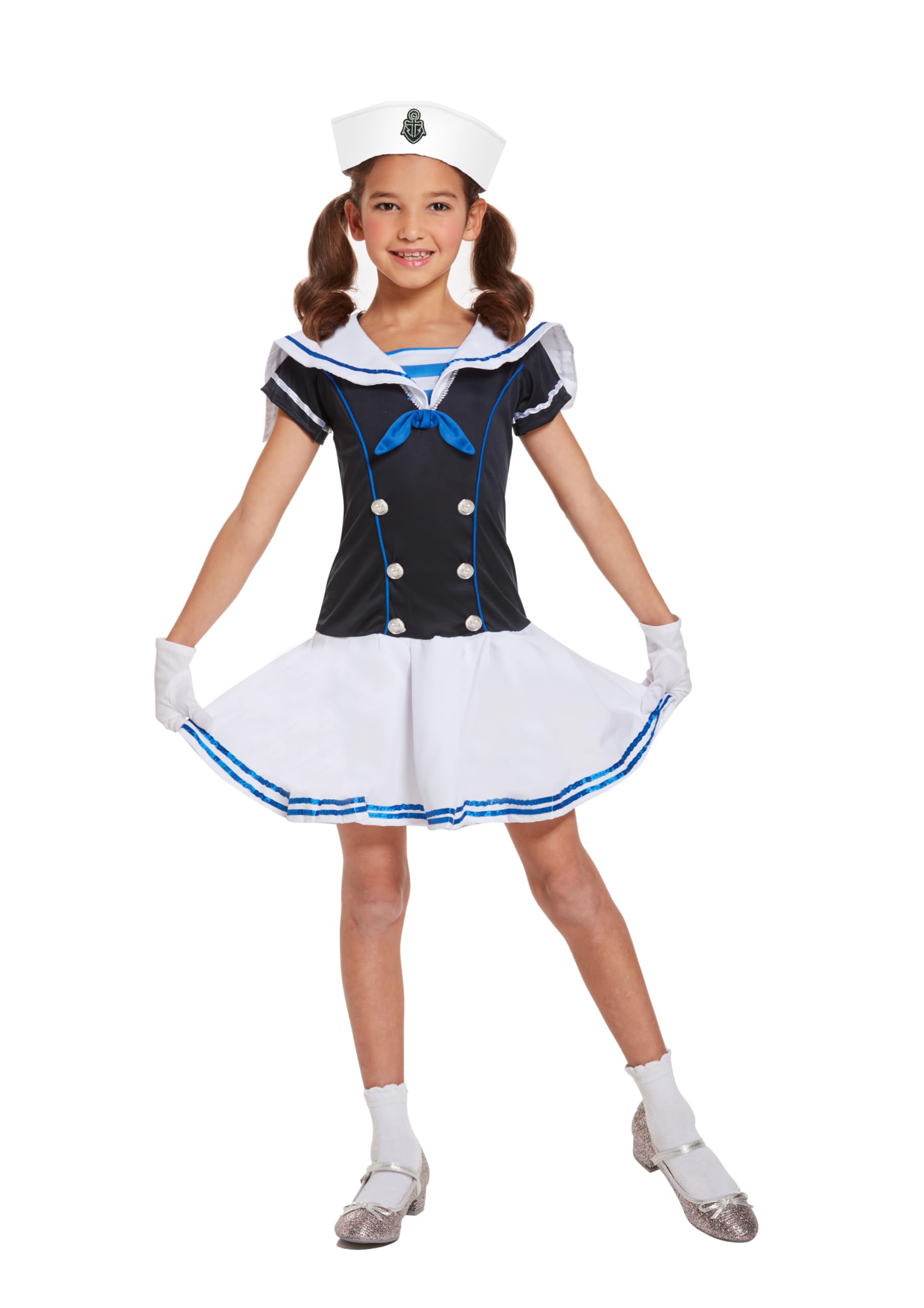 HENBRANDT Children's Sailor Girl Costume - Navy Blue White Nautical Dress & Hat - Size Large 10-12 Years World Book Day School Play Fancy Dress Outfit for Girls