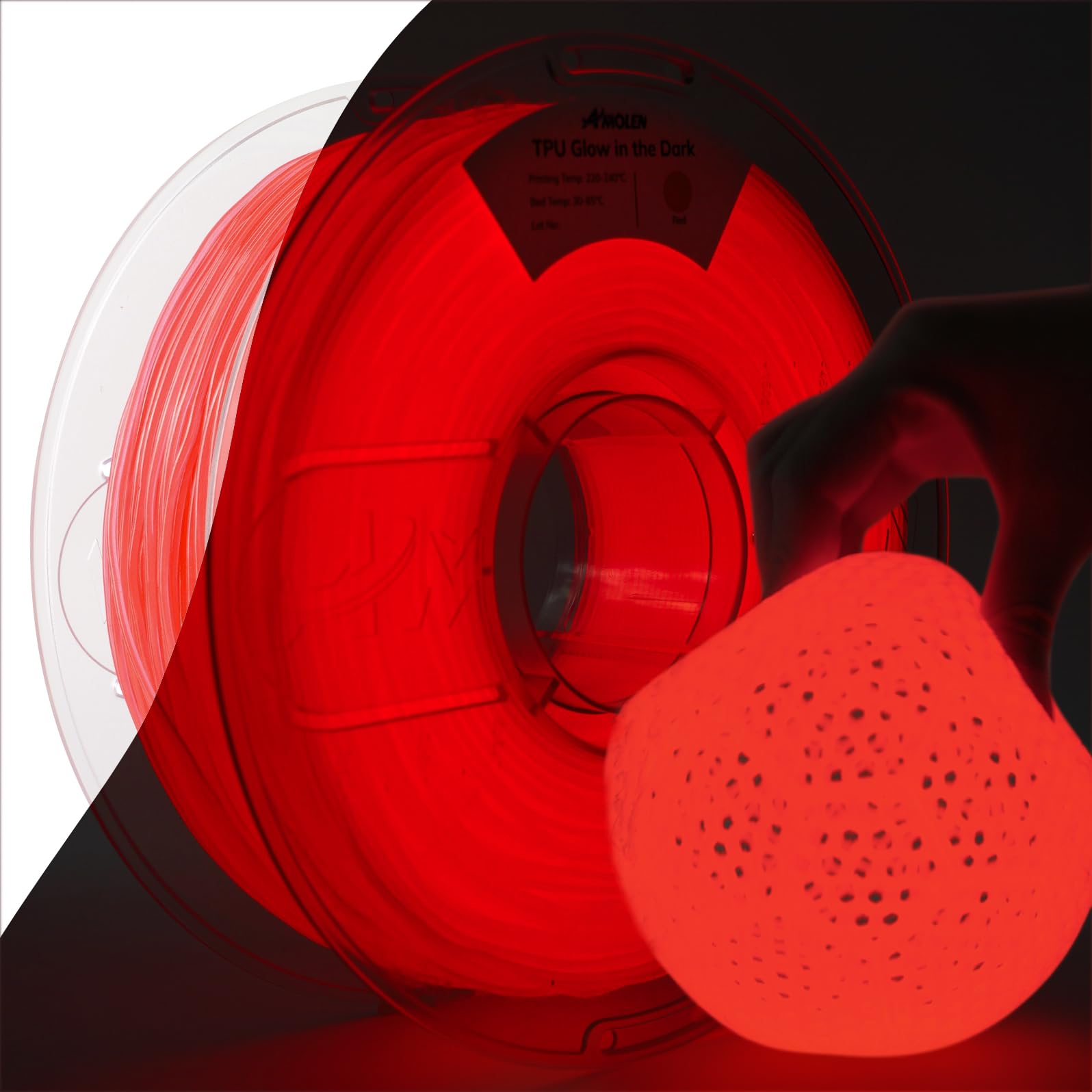 Photo 1 of AMOLEN 95A TPU 3D Printer Filament, 1.75mm Glow in The Dark Red, Soft TPU Flexible 3D Printing Filament, High Hardness & Resilience, Best with UV Lamps, 1kg Spool(2.2lbs), Fit Most 3D Printers