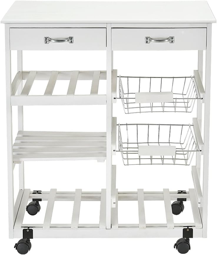 WEIBO Wooden Kitchen Storage Serving Trolley Cart with 2 Drawers，White
