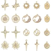 SUNNYCLUE 1 Box 20Pcs 10 Styles Sun and Moon Charms Star Charms Bulk Gold Alloy Rhinestone Cubic Zirconia Celestial Sky Round Charm for Jewelry Making Charms Valentine's Day DIY Earrings Necklace