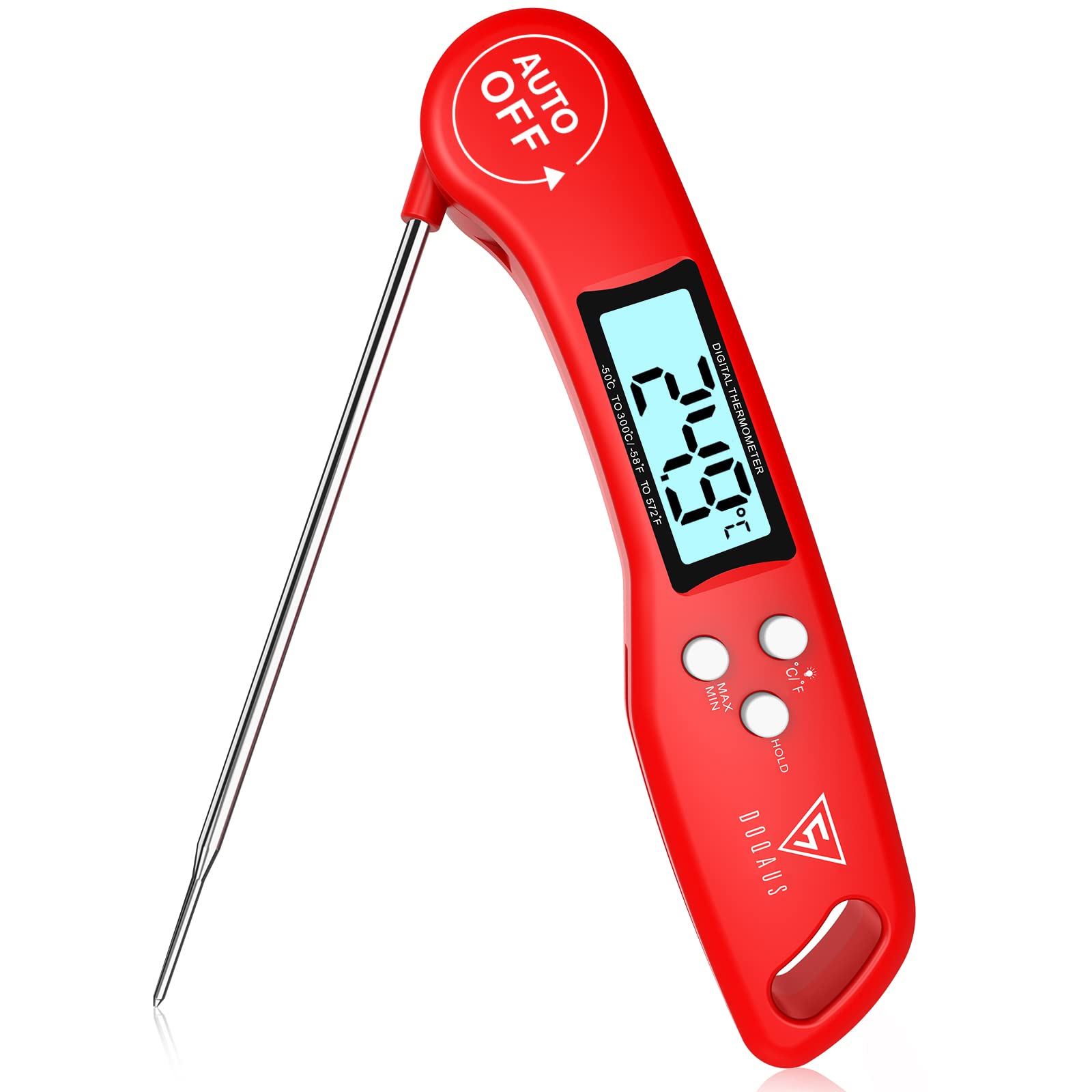 DOQAUS Meat Thermometer Probe, 3s Instant Read Food Thermometer-Backlit LCD, Foldable Probe, Auto On/Off, ยฑ1โ Accuracy, Food Probe for BBQ Grill, Kitchen Cooking, Milk, Red