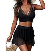 Zojuyozio Women High Waisted Bikini Set Mesh Swimsuit Tummy Control Swim Skirt V-Neck Two Piece Bathing Suit