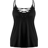winkbay Women's Plus Size Lace Trim Tank Top V Neck Cami Spaghetti Strap Loose Camisole Tops