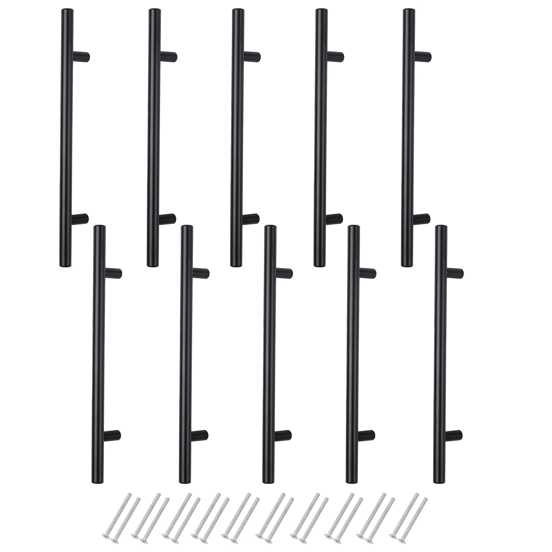 Anhoer 10 Pack Kitchen Cupboard Handles 160mm Hole Centre - Black T Bar Cabinet Door Handles for Wardrobe, Drawer - Stainless Steel