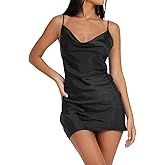 SITELUOYG Womens Spaghetti Strap Mini Satin Silk Sexy Dresses Slip Cowl Neck Side Slit Cami Cocktail Evening Dress