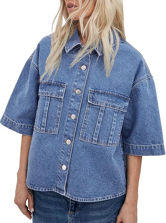 Imily Bela Womens Oversized Short Sleeve Denim Jackets Trendy