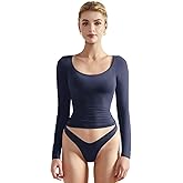SUUKSESS Women Double Lined Fitted Basic T Shirts Scoop Neck Long Sleeve Crop Top (Navy Blue, M)