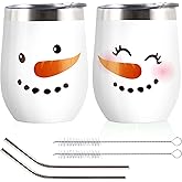 Whaline 2Pcs Christmas Stainless Steel Wine Tumbler 12oz Xmas Winter Snowman Insulated Coffee Cups Tumbler Mug with Lid and Straw for Women Girlfriend Besties Wife Lover Spouse Gifts