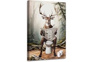 Deer Bathroom Wall Art Deer Wall Decor Forest Animal Sitting in Toilet Reading Newspaper Canvas Print for Bathroom Office Liv