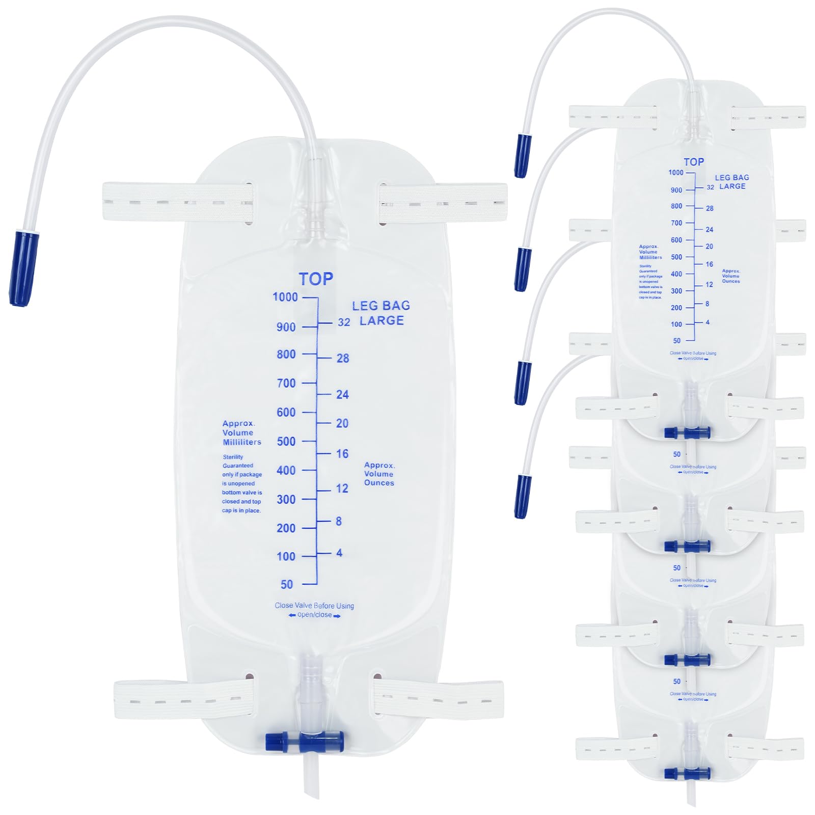 Photo 1 of 5 Pack Leg Urine Drainage Bag, 1000mL with Anti-Reflux Valve, 12" Tube Drainage and Adjustable Elastic Bands,Professional Urinary Bag for Home and Hospitals Health Aids