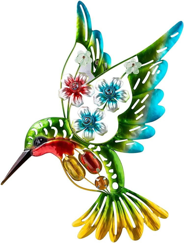 Plaques & Wall Art - Fawgold Metal Hummingbird Wall Art Decor, 3D Design with Glass Bead Accessories, 16 Inch Fence Decorations Outdoor Hanging Decor for Patio Bedroom Living Room Garden Yard