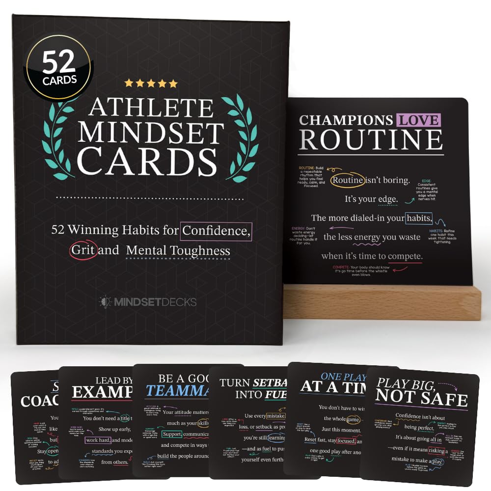 MindsetDecks Athlete Mindset & Motivation Cards – 52 Winning Habits for Confidence & Mental Toughness – For Athletes, Coaches & Parents – Includes Wooden Display Stand, Gift for Athletes & Coaches