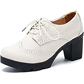 DADAWEN Women's Leather Classic Lace Up Platform Chunky Mid-Heel Square Toe Oxfords Dress Pump Shoes