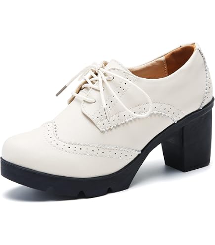 DADAWEN Women's Classic T-Strap Platform Mid-Heel Square Toe Oxfords Dress Shoes Beige US Size 4.5