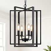 4 Light Chandelier, Black Farmhouse Dinning Room Light Fixture, Industrial Metal Ceiling Light with Adjustable Height, Mordern Geometric Hanging Pendant Light for Kitchen Island Entryway, E12 Base