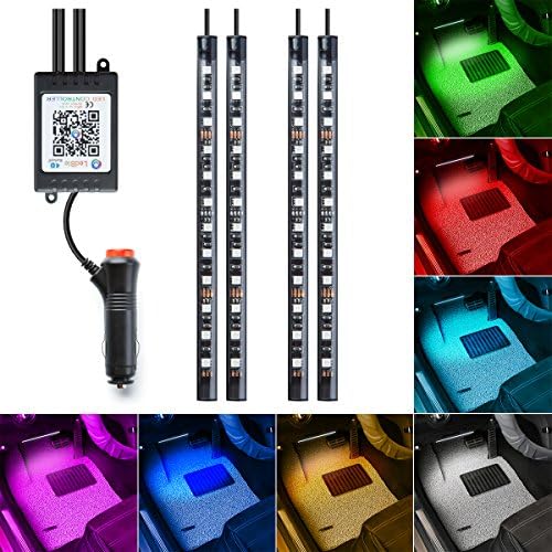 Sebikam 4-Piece Car Interior LED Underdash Lighting Kit - Car Auto Floor Lights with Car Charger Included - Glow Neon Light Strips Decoration For Cars - APP Controlled for iPhone Android