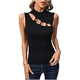 WDIRARA Women's Cut Out Sleeveless Mock Neck Blouse Ring T Shirt Casual Tank Tops
