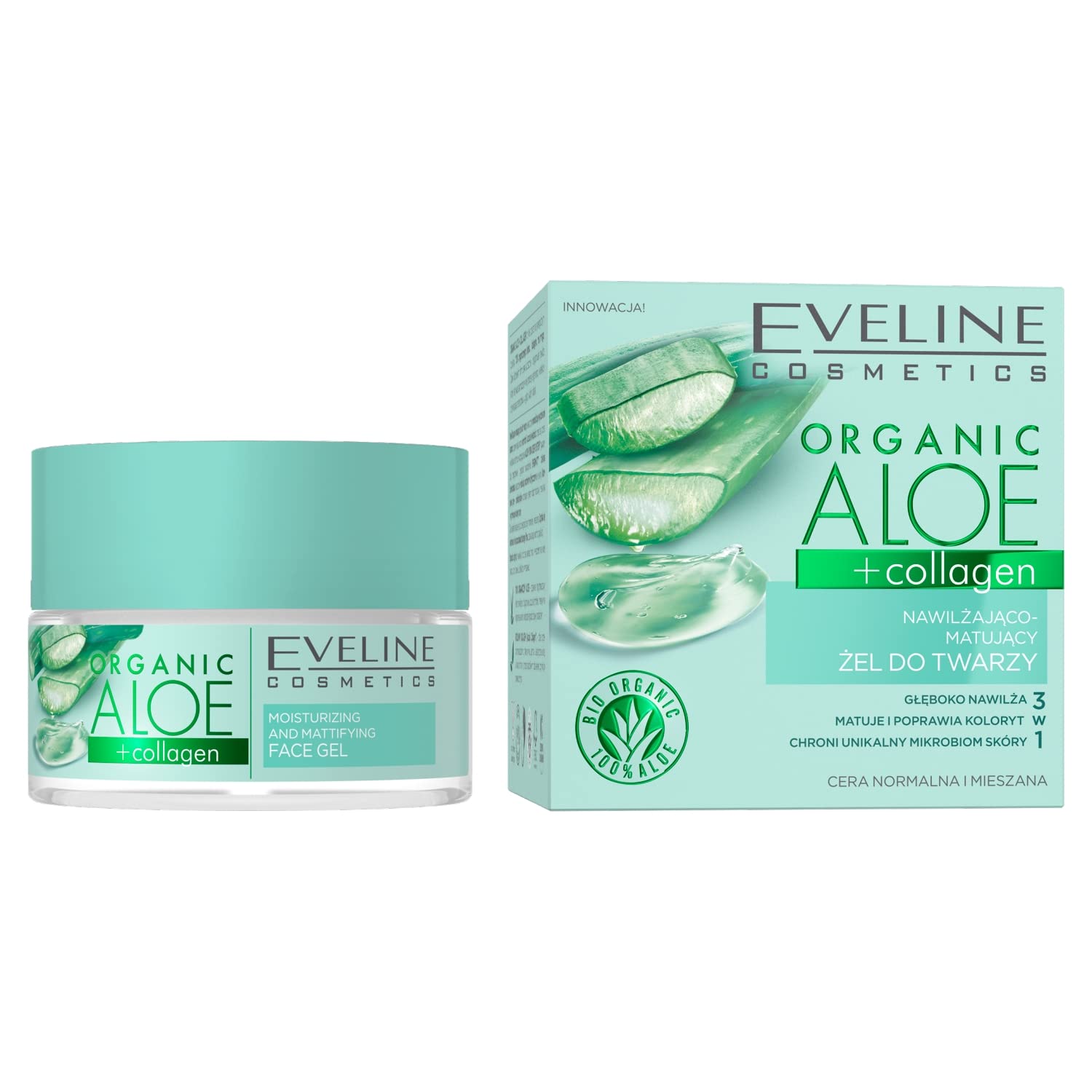 Eveline Cosmetics Organic Aloe+Collagen Hydrating & Mattifying Vegan Face Gel with Aloe Vera & Plant Collagen - 3-in-1 Lightweight Formula for Normal to Combination Skin, 50 ml