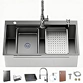 Stainless Steel Kitchen Sink with Faucet: 30-Inch Drop In Single Bowl Farmhouse Workstation Sink - Noise Reducing Design & Ac