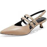 Arromic Women's Kitten Heels Two-Strap Mary Jane Slingback Pointed Toe Pumps Low Heel Ankle Strap Dress Shoes for Work, Wedding, and Formal Occasions