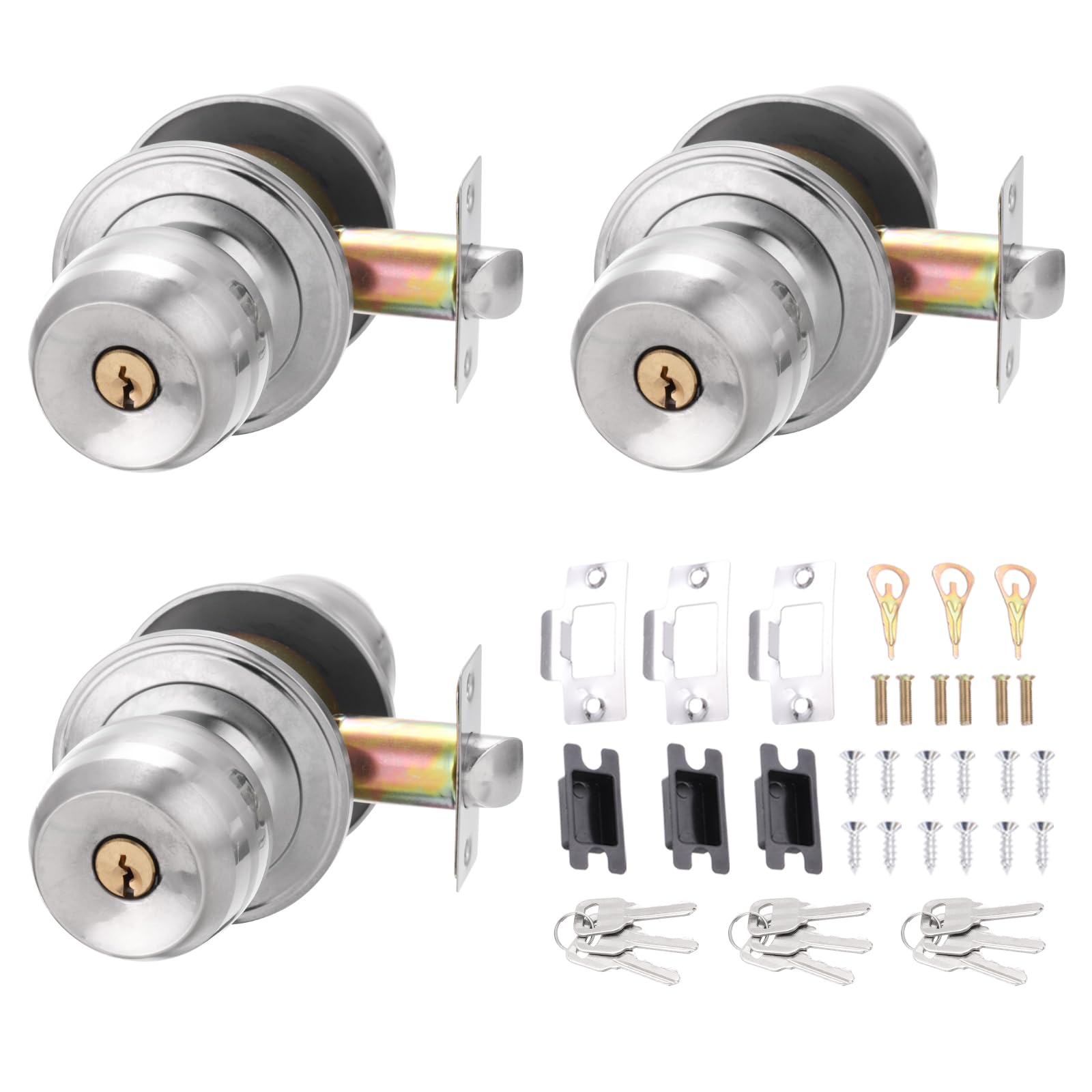 PATIKIL Key Entry Door Knobs Interior 60mm/2.4inch, 3 Pack Round Stainless Steel Bedroom Bathroom Door Knob with Copper Lock Entry Indoor Outdoor Door, Silver