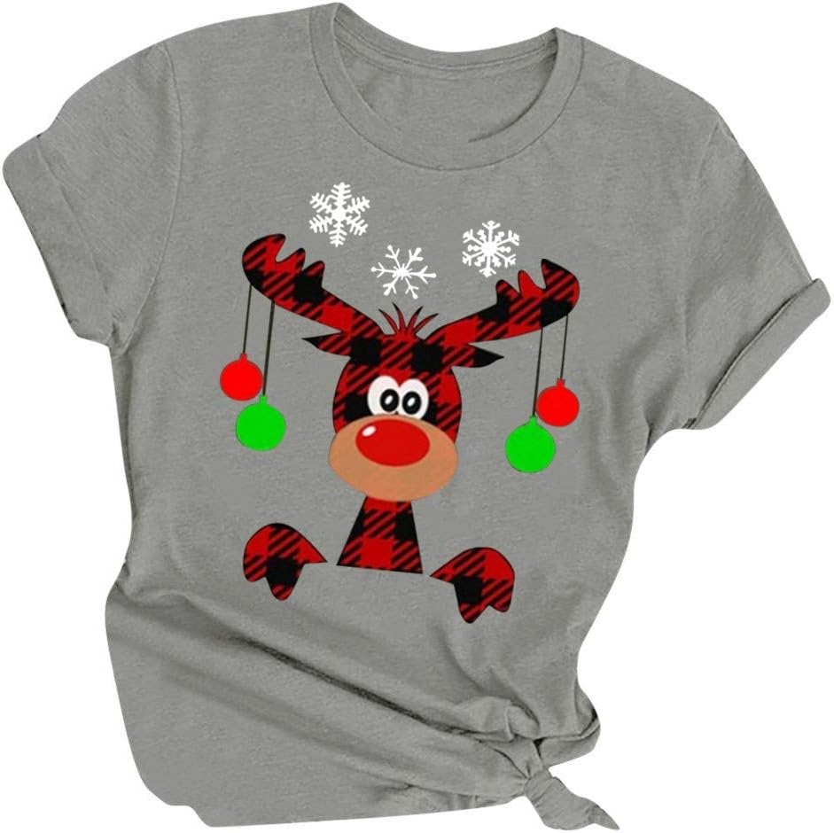 T Shirts for Women Plus Size,Merry Christmas Reindeer Printed T-Shirt O Neck Short Sleeve Graphic Funny Tees Tops