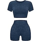 OLCHEE Womens Workout Sets 2 Piece - Seamless Acid Wash Yoga Outfits Shorts and Crop Top Matching Gym Athletic Clothing Set