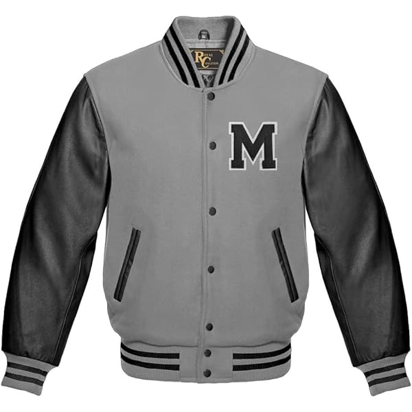 Men's Varsity Baseball Letterman Bomber Light Grey Wool & Black