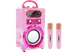 Kidsonor Kids Bluetooth Karaoke Machine with 2 Microphones, Wireless Rechargeable Remote Control Portable Karaoke Speaker Music MP3 Player Loudspeaker with Microphones for Kids (Pink)